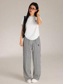 SHEIN PETITE 2pcs/Set Casual Pony Logo Printed Round Neck Short Sleeve Top And Striped Print Pants Striped Outfits White T-Shirt Striped Pants ,Petite Women - Multicolor - View 6