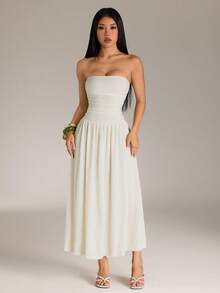SHEIN PETITE Women's Summer New Cream White Knitted Texture Dress,Summer Dresses For Women,Petite Women Vacation Elegant Sexy - Apricot - View 5