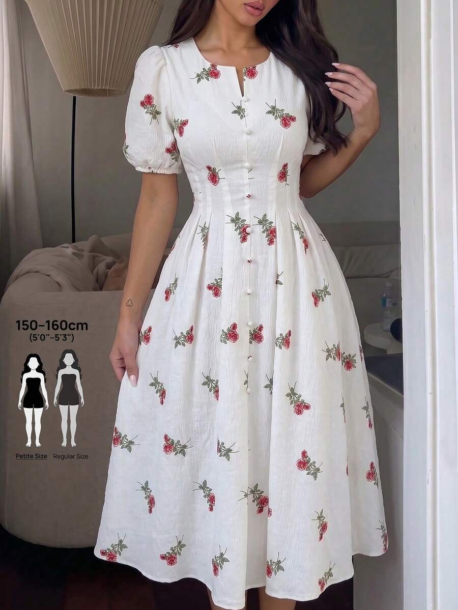Modelyn Petite 女士杏色梭织数码印花收腰A字连衣裙，优雅浪漫，春夏款 - 彩色 - 查看 1