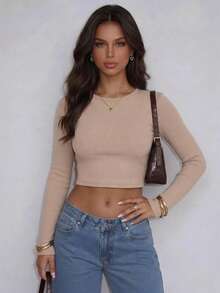 Women's Ribbed Fitted Crop Top, Long Sleeve Crew Neck Body-Hugging Casual Top. - Cream - View 2