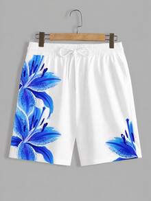 VIVINTIMO Pantalones cortos de playa con estampado floral y cintura con cordón para hombre, sin forro, para vacaciones - Azul y blanco - Ver 4