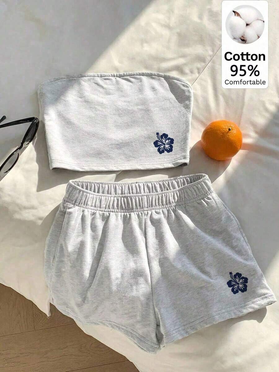 Comfortcana 95%棉夏季休閒海軍藍女款花卉圖案兩件套 - 淺灰色 - 查看 1