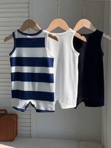 SHEIN Mameluco casual de cuello redondo con bloques de color para bebé niño, para uso diario y salidas - Azul y blanco - Ver 3