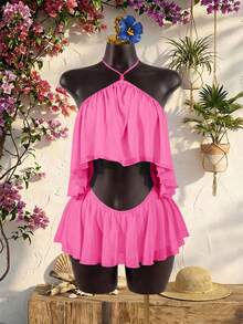 SaltGleam SaltGleam Sexy Summer Beach Club Vacation Backless Camisole Top With Beaded Decor, Asymmetrical Hem, Double Layer Flowy Ruffle Trim, Paired With Skirt - Hot Pink - View 7