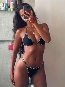 SHEIN Swim 女款豹紋拼接性感掛脖綁帶比基尼兩件式泳衣套裝 - 黑色 - 查看 1