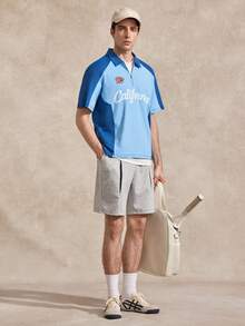 Polo de manga corta casual con media cremallera y estampado de letras de color contrastante para hombres - Azul - Ver 6