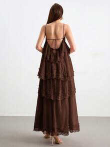 Willow Rêve 女款天絲掛脖式長洋裝，蕾絲荷葉邊飾邊，分層設計，優雅度假洋裝 - 棕色 - 查看 2