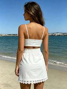 Roelina Women's Solid Color Vacation Style Drawstring Lace Trim High Waist Skirt Beach White Summer Cute Casual - White - View 2