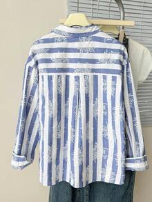 Muvela Elegant Women's Blue White Vertical Striped Button Down Shirt Figure Flattering Floral Print Blouse - Blue and White - View 8