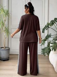 SHEIN EZwear 大码撞色条纹印花贴花圆领上衣和阔腿裤休闲两件套 - 藏蓝色 - 查看 2