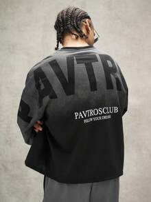 PAVTROS 男士破舊風短版T恤，黑色夏季街頭風度假穿搭，美式寬鬆版型復古上衣，深色休閒款，適合學生與時尚人士 - 黑色 - 查看 4