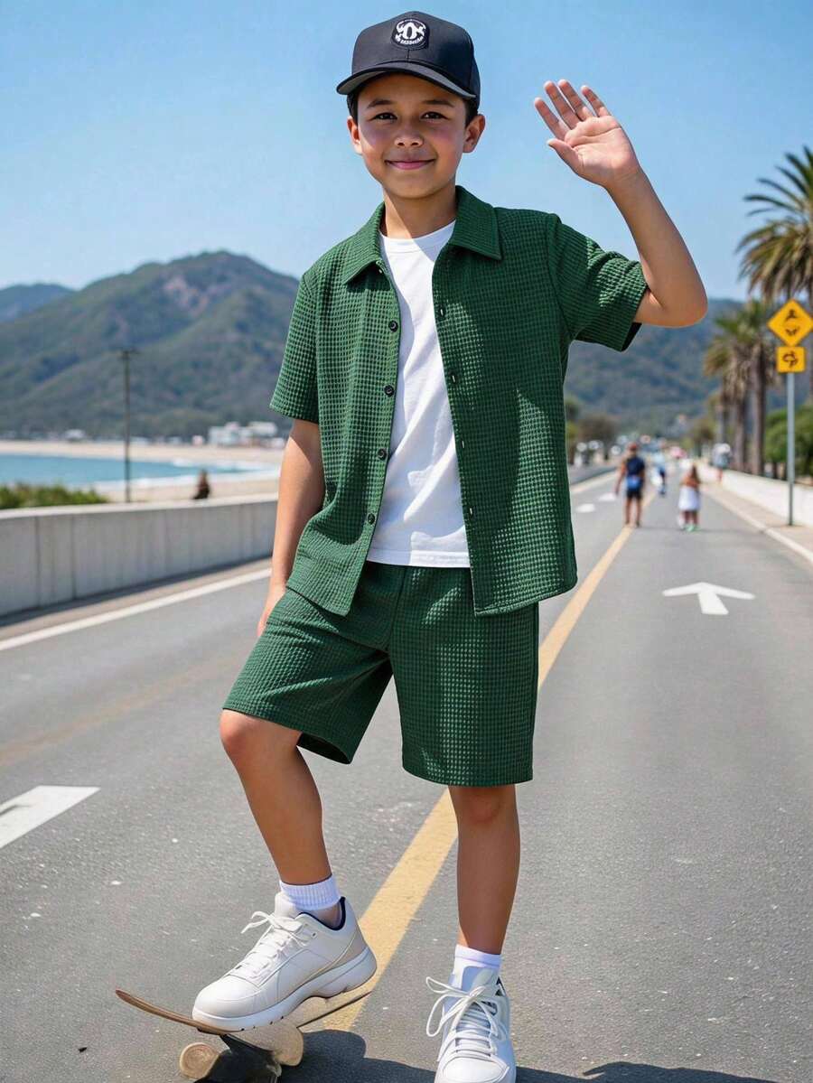 Mirajuku 青少年男孩夏季休閒素色襯衫短褲套裝 - 軍綠色 - 查看 1