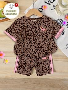 Girls' Leopard Print 2-Piece Set, Brown & Black Leopard With Pink Contrast Print Trim, Dachshund Print On Chest And Pants, Sweet & Cool Playful Style. Soft & Breathable Fabric, Suitable For Daily School, Outings, Parties, Top & Shorts Can Be Separated And Mixed & Matched For Easy Outfit Changes. - Multicolor - View 2