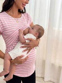 SHEIN Maternity Striped Short Sleeve Nursing Function T-Shirt World Cup - Baby Pink - View 2
