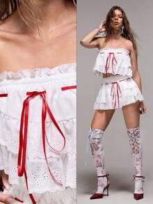 Sweetness Spring Summer Cute Girl's Sweet Layered Ruffle Bandeau Top And Mini Skirt 2-Piece Set Golf White Sexy - White - View 8