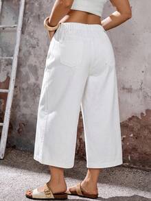 SHEIN EMERY ROSE CURVE 大码女式带口袋纽扣门襟休闲百搭日常阔腿牛仔裤 - 藍色 - 查看 3