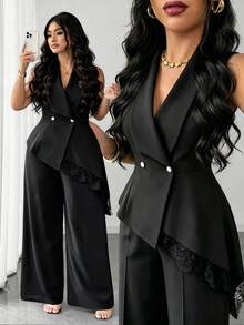 Elenzga Women's Plus Size Solid Color V-Neck Asymmetrical Hem Top And Pants Fashion Minimalist 2-Piece Set - Black - View 1