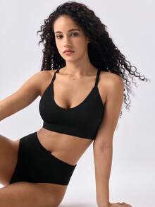 Loungeista Seamless Knitted Ribbed Sexy Wireless Bra For Women, Criss-Cross Strap Backless Sports Bra - Black - View 8