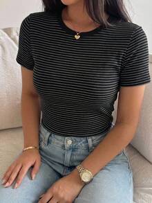 Dazy Plus Colorblock Striped Crew Neck Short Sleeve Slim Fit T-Shirt, Spring/Summer - Black - View 1