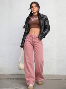 SHEIN ICON Casual Washed Straight Leg Denim Jeans - Pink - View 4