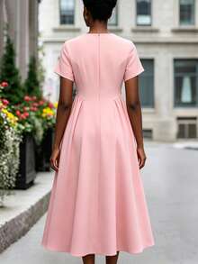 SHEIN Women's Elegant Party & Commute Pearl Decor Ruched Waist Pink Midi Dress Summer Outfit For Women Vacation Outfits For Women Casual Dresses For Women - Pink - View 3
