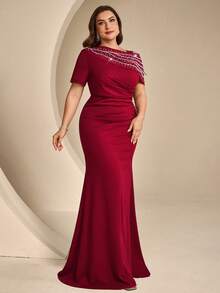 Coutiva Asymmetric Neck Short Sleeve Ruched Beaded Elegant Slim Sexy Mermaid Long Formal Evening Gown Plus Size Heavy Workmanship Wedding Dinner Red Spring - Burgundy - View 4