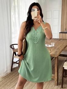 Weeklong Women's Plus Size Spring/Summer Casual Elegant Sleeveless Cutout Neckline Lace Trim Short Dress Wedding Guest Vacation Evening Formal Sage Green - Green - View 3
