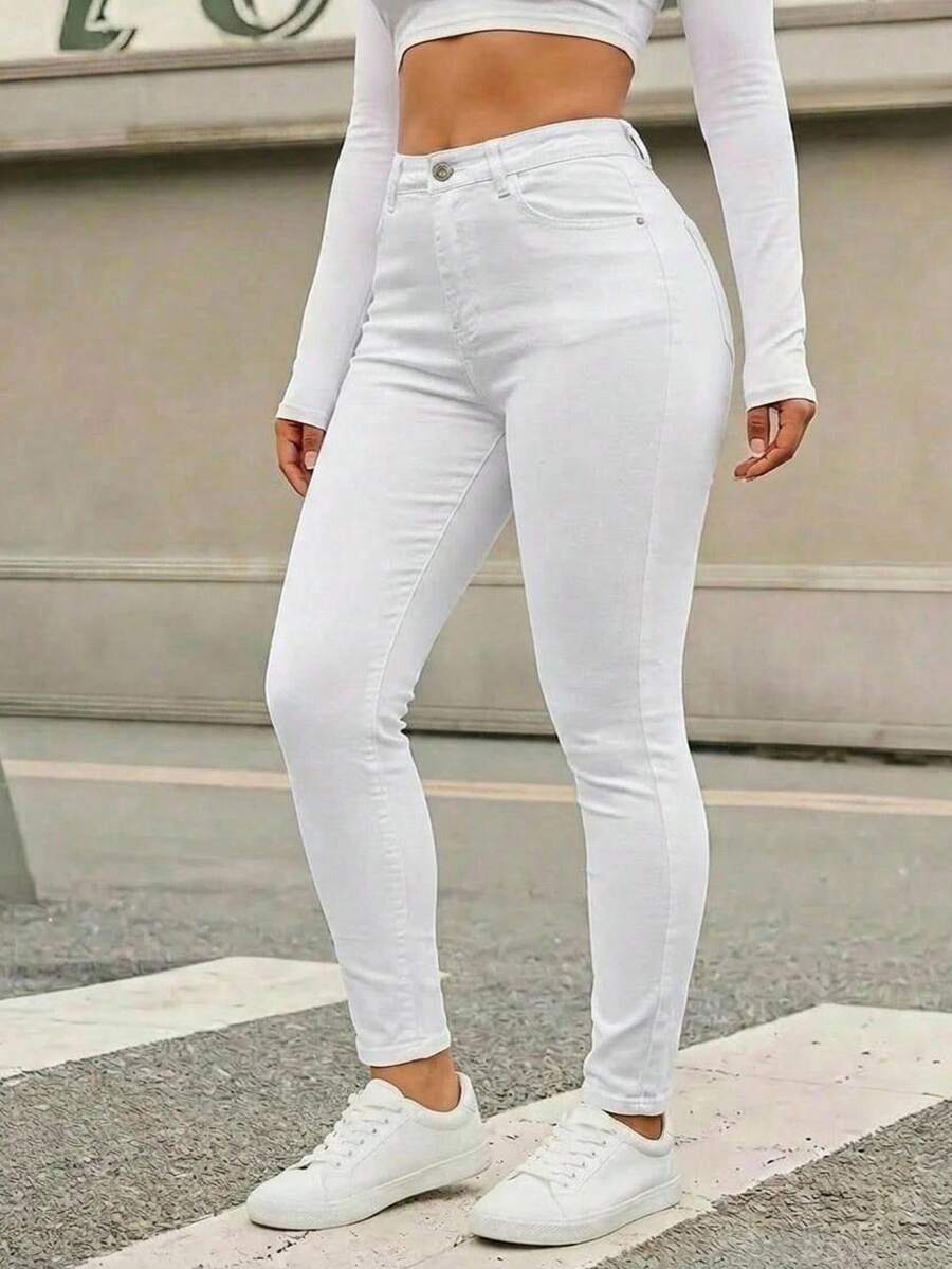 Jeans Pantalon Skinny Ankle Mezclilla Elastico Ligero Casual Salidas Tiro Alto Comodo Para Dama Moda - Blanco - Ver 1
