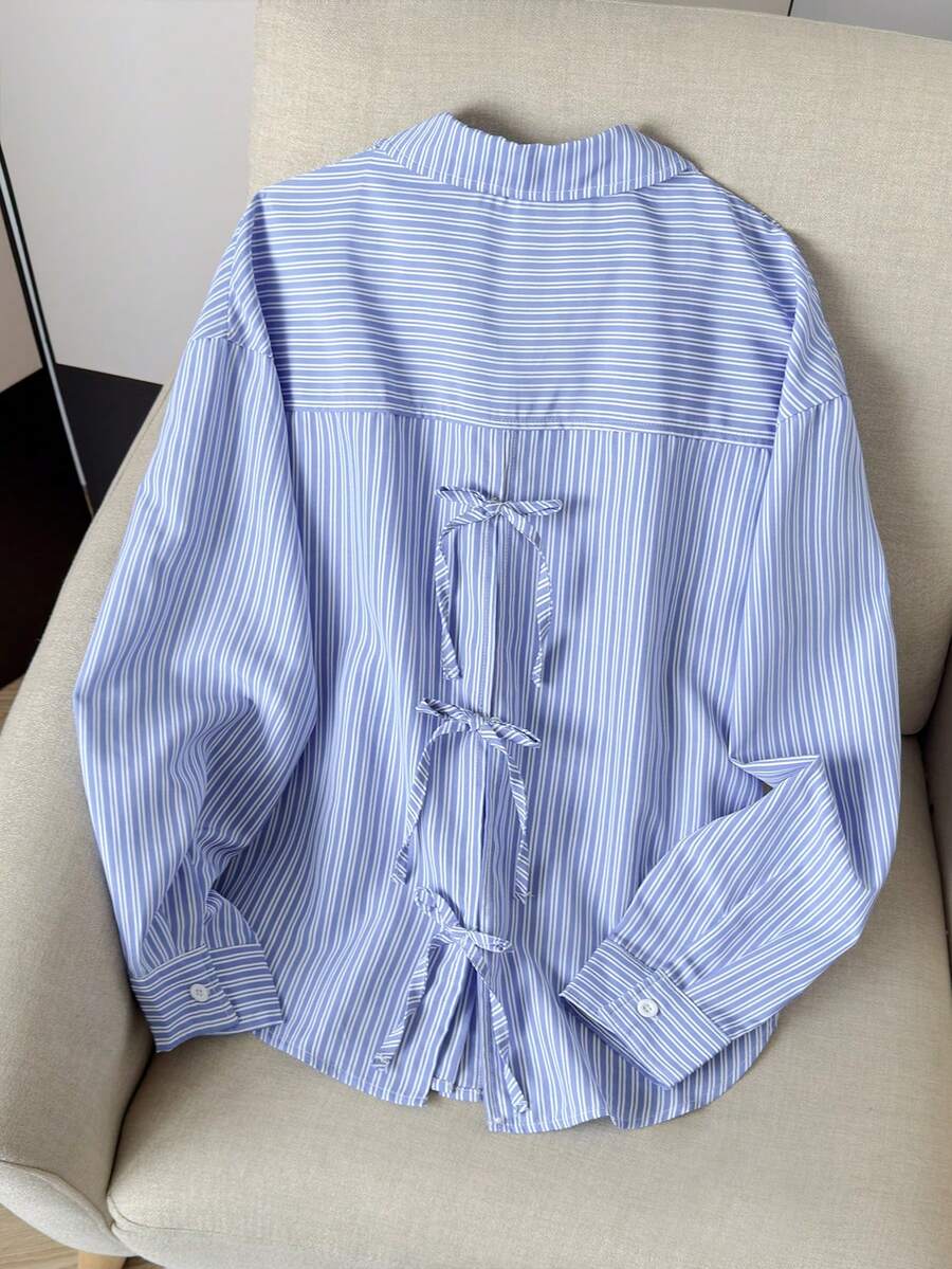 SHEIN Teen Girls Casual Striped Blouse With Back Bow Decor, Loose Long Sleeve Shirt - Blue and White - View 1