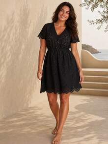 ELLERISSA Plus Size Black Scallop Eyelet Embroidered Short Sleeve Skater Dress Beach Vacation Summer Traditional Normal - Black - View 4