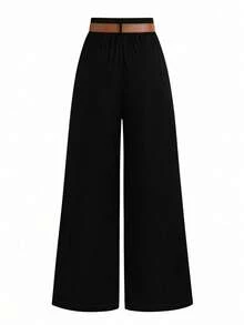 SHEIN Tall CURVE 大码TALL系列女式简约百褶直筒裤，工作服 - 黑色 - 查看 2