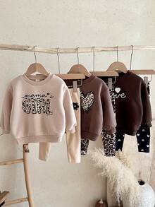 SHEIN Baby Girl 6pcs Knit Solid Color Leopard Print Letter Pattern Crew Neck Sweatshirt & Long Autumn Pants Set, Fleece Lined Thick , Suitable For Winter - Multicolor - View 8