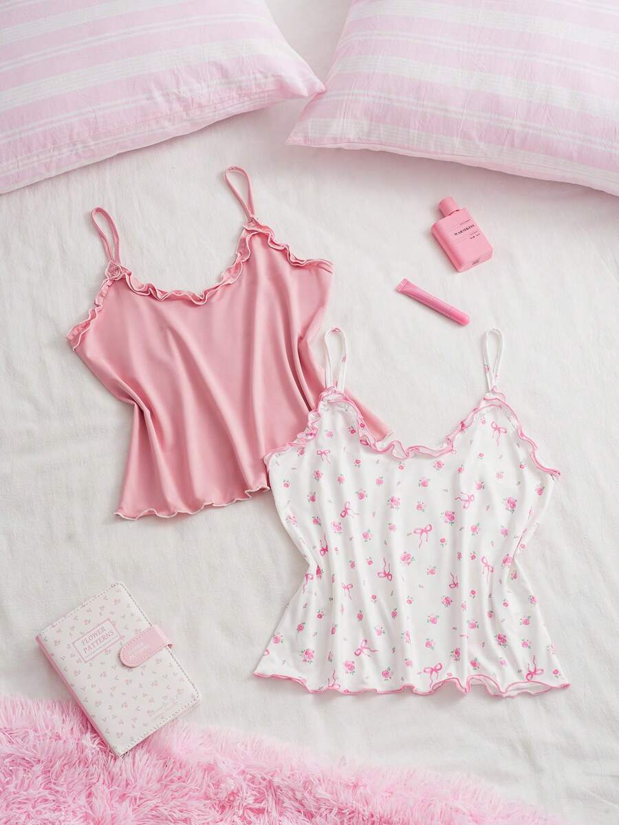 SweetSlumber Women's Sweet Ins Floral Bow Print Pajama Top 2pcs Set - Pink - View 1