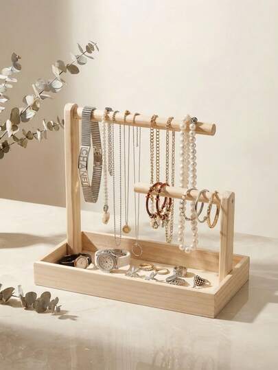 Zazumi 1PC Vintage Style Wooden Multi Tiered Jewelry Display Rack Solid Wood Storage Organizer With Bottom Tray Space Saving Elegant Carved Details For Necklaces Earrings Rings Bracelets Home Dresser Bedroom Vanity Counter Top Gift For Girls