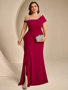 Coutiva Plus Size Women's Rhinestone Decorated Asymmetric Neck Elegant Formal Evening Gown (Heavy Embellished Style) - Burgundy - View 1