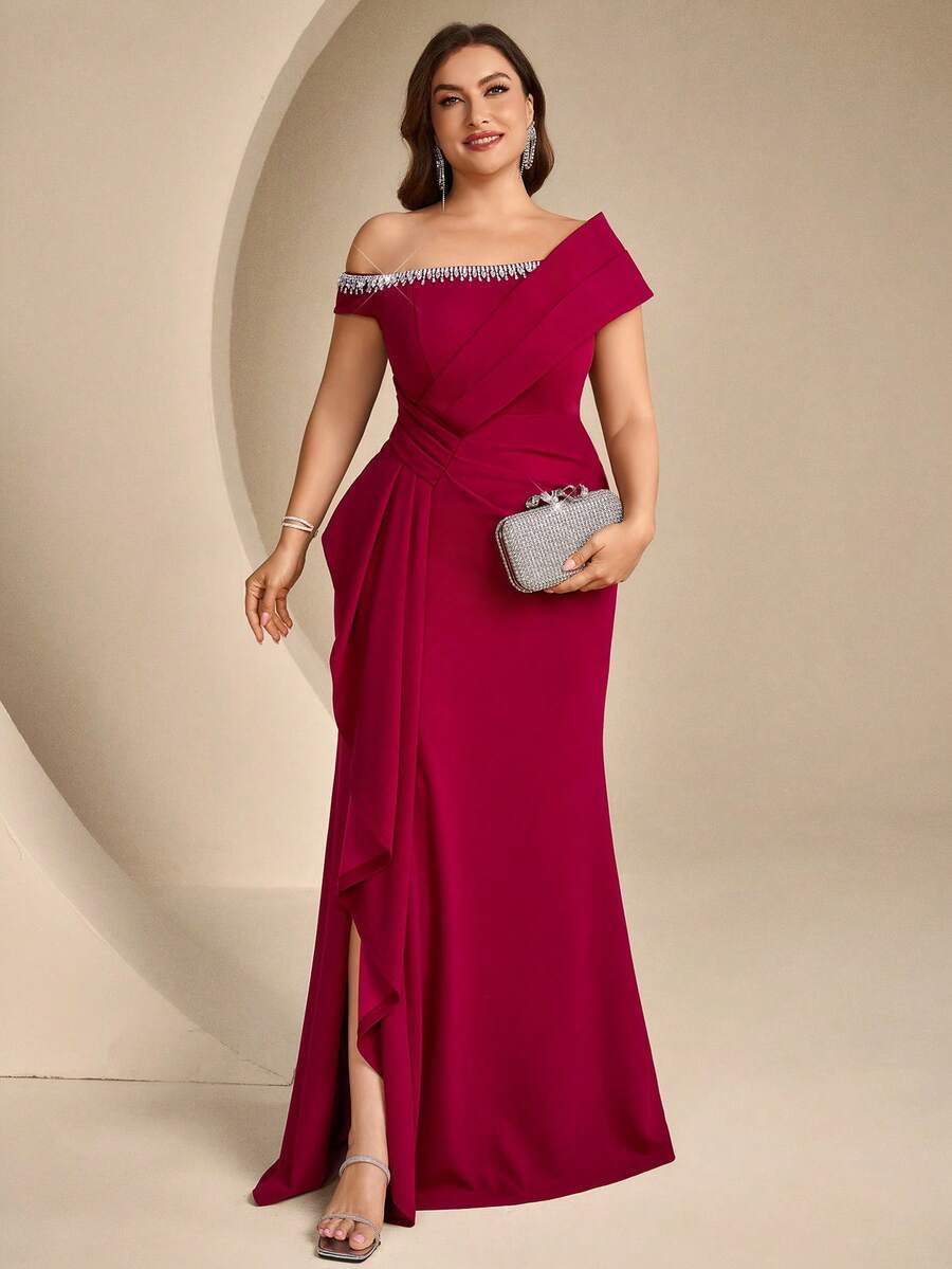 Coutiva Plus Size Women's Rhinestone Decorated Asymmetric Neck Elegant Formal Evening Gown (Heavy Embellished Style) - Burgundy - View 1
