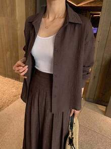 DAZY 女款優雅襯衫上衣與時尚休閒長褲兩件套，適合秋季 - 棕色 - 查看 4