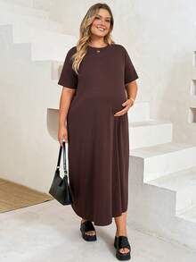 Plussiva Plus Size Maternity Solid Color Simple Round Neck Short Sleeve Loose Fit Dress - Brown - View 4
