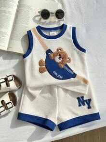 SHEIN 2件組男嬰夏季休閒可愛卡通熊印花連帽背心短褲套裝兒童套裝 - 彩色 - 查看 9