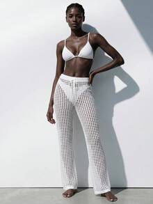 SHEIN Summer Beach Hollow Out Crochet Cover Up Pants Vacation White - White - View 2