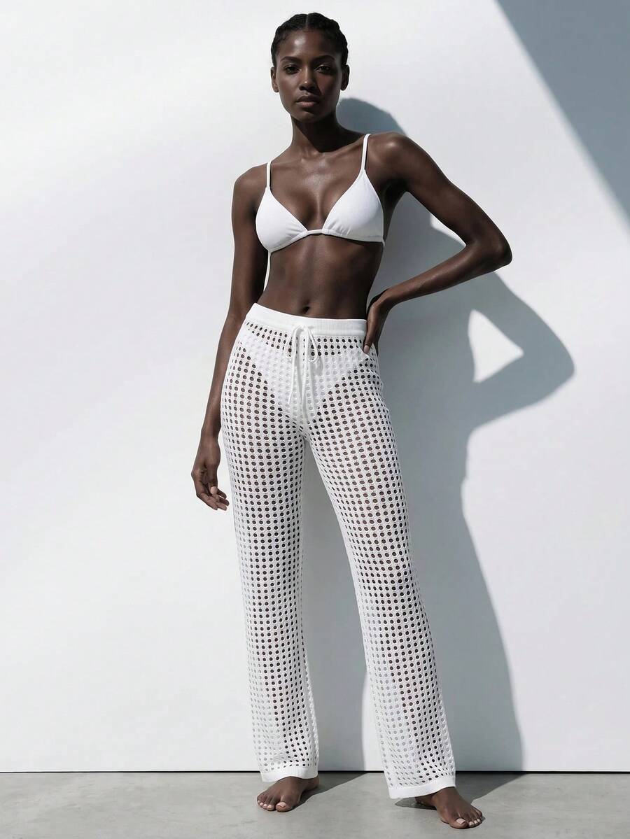 SHEIN Summer Beach Hollow Out Crochet Cover Up Pants Vacation White