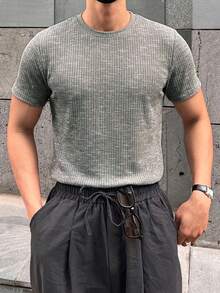 DAZY 男士短袖灰色花卉彈性羅紋布修身T恤 - 深灰色 - 查看 1