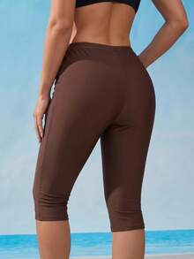 SHEIN Swim 女款純色口袋七分長泳褲，適合夏季度假與海灘 - 棕色 - 查看 2