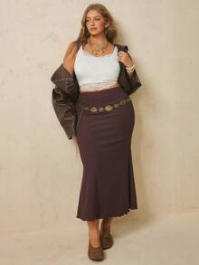 Levarali Plus Size Women's French Retro Elegant 1950s Vintage 80s 1920s Casual Brown Textured High Waist Mermaid Skirt Flared Midi Autumn Party Vacation Office - Coffee Brown - View 5