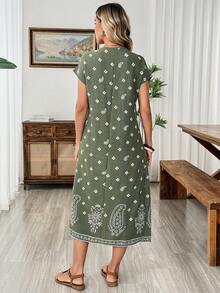 EMERY ROSE Women's Casual Vacation Cashew Flower Print Mid-Length Dress,Summer Dresses For Women - Green - View 2
