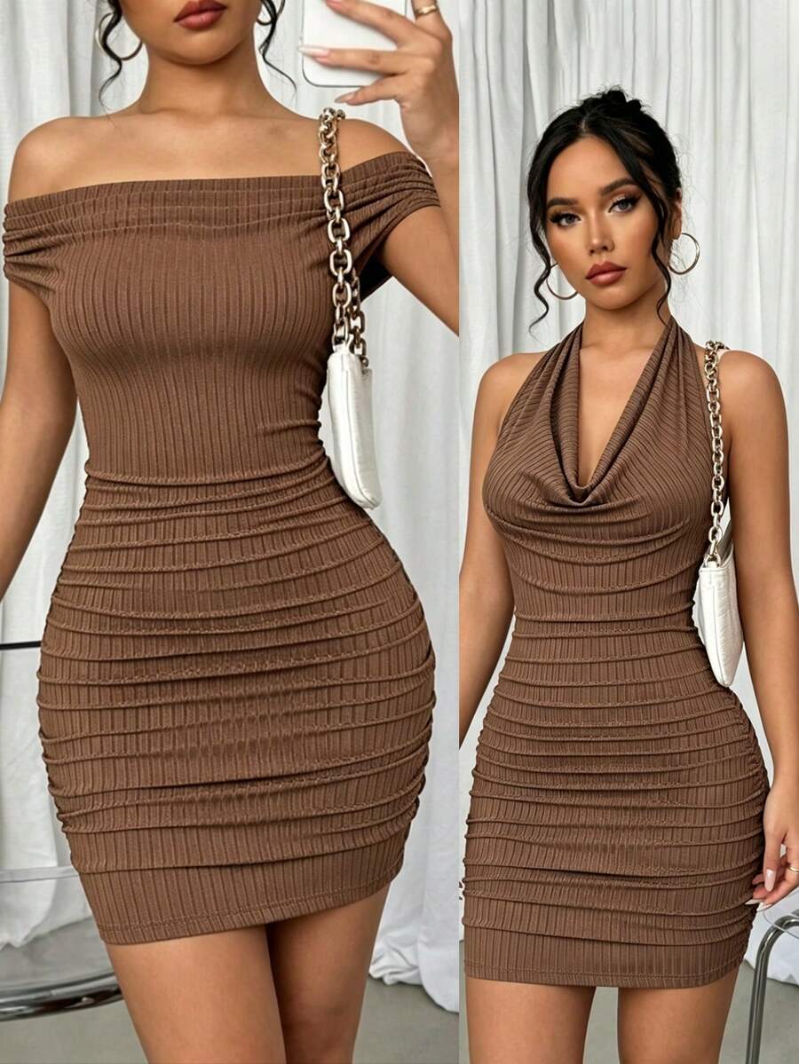 Selianne Vestido ajustado de punto acanalado con pliegues, diseño elegante de uso múltiple - Marrón - Ver 1