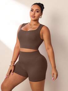 SHEIN Rhythm Era 2pcs Women Plus Size Ribbed Seamless U-Neck Sports Tank Top And Shorts Set, Yoga Outfit High Waist High Stretch 3/4 Length Shorts Set - Rust Brown - View 6
