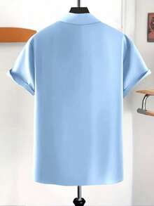 Manfinity Dauomo Men's Solid Color Button-Front Short Sleeve Shirt, Summer - Baby Blue - View 2