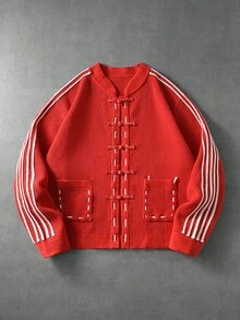 ROMWE MEN Street Life Men's Long Sleeve Striped Pocket Knit Cardigan - Hot Pink - View 8