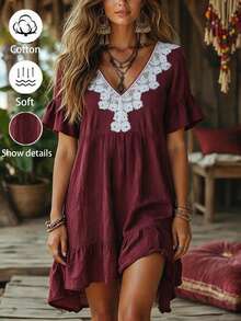Holdful Holdful Women's Summer Short Sleeve Printed Vacation Casual Boho Dress Burgundy - Burgundy - View 1
